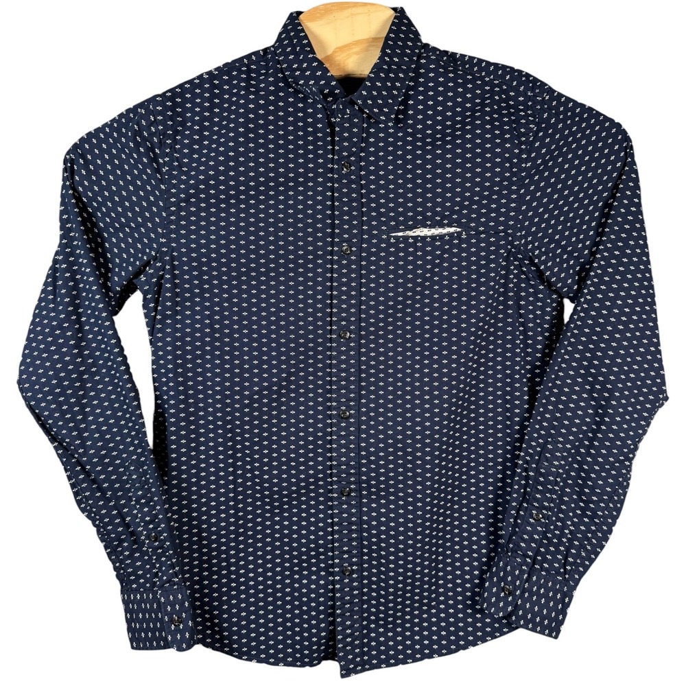 Scotch & Soda Button Down Regular Fit Men Small Blue Geometric Print Long Sleeve